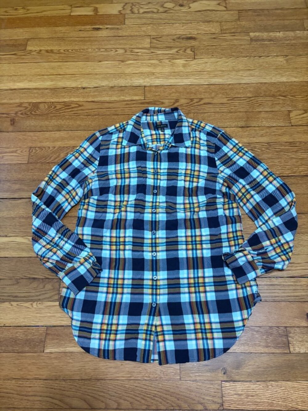 Talbots Womens Flannel Button Down Shirt Size Small Blue Orange Plaid Rayon Top